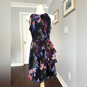 TAHARI Arthur S. Levine Abstract Multi Coloured Print Bow Belted Tiered Dress